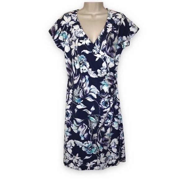 Soft Surroundings Shapely Anywhere Dress Faux Wrap Blue Floral Women Size Small - Picture 1 of 16